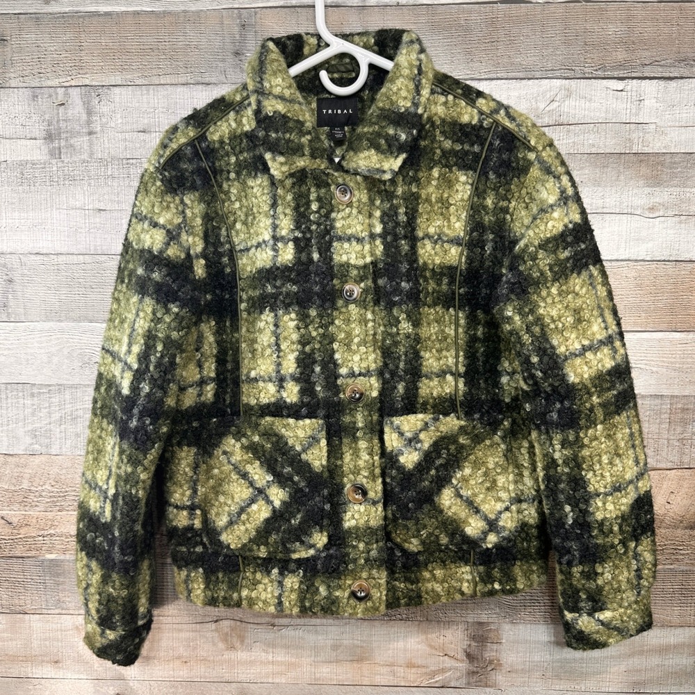Tribal Womens Green Black "Ivy" Plaid Boucle Fleece Jacket Button Close Sz P/S